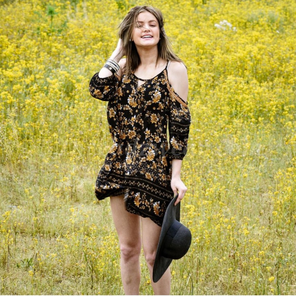 Boho Floral Print Cold Shoulder Dress - Picture 1 of 6